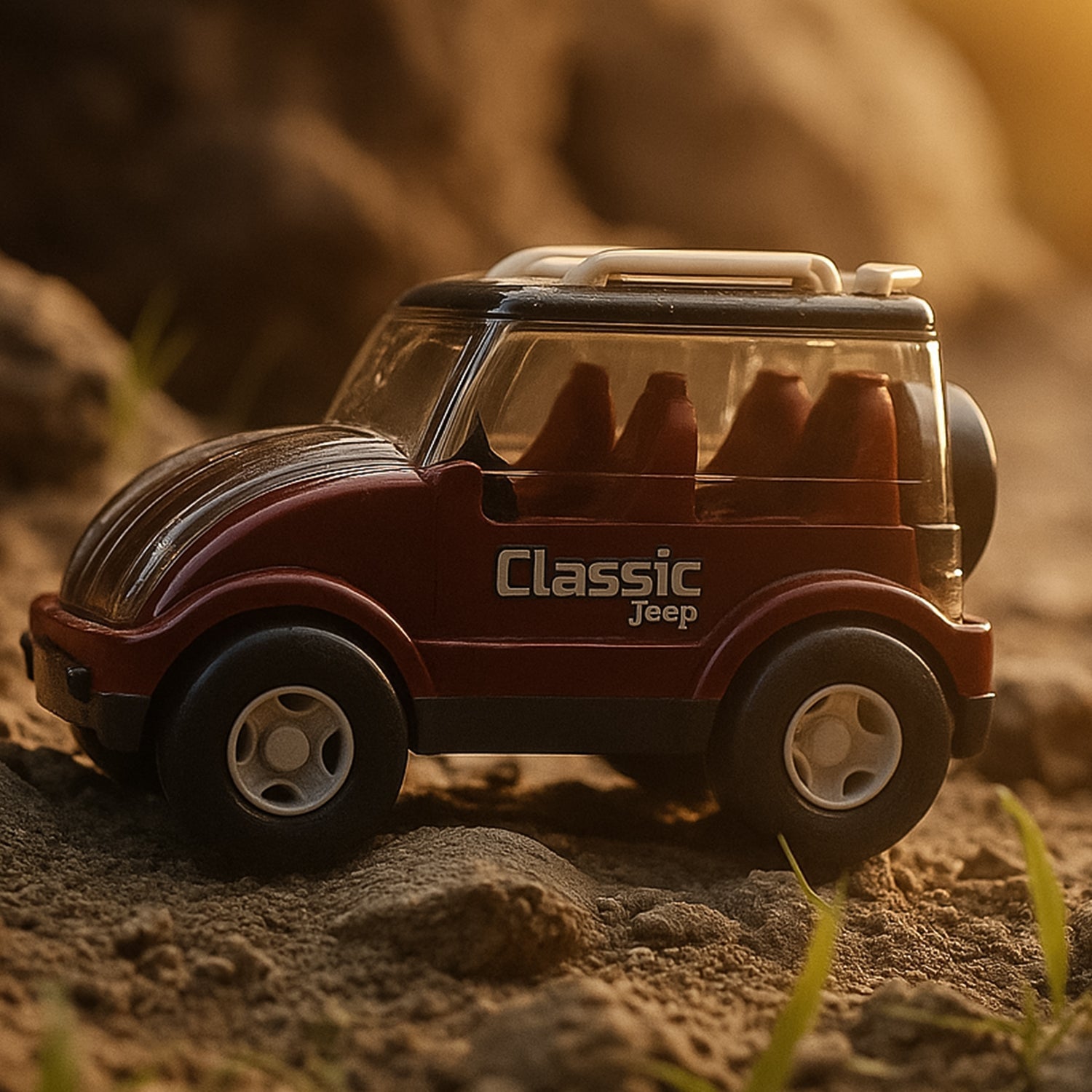 Friction jeep toy car showing smooth wheels and kid-friendly design