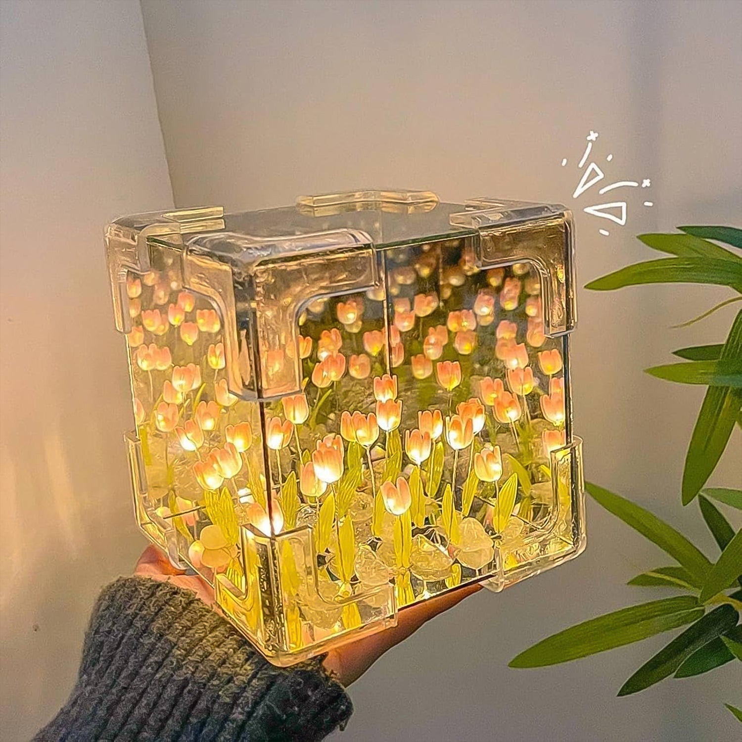 Cube Tulip LED Night Lamp displaying its beautiful multicolor lighting effect.