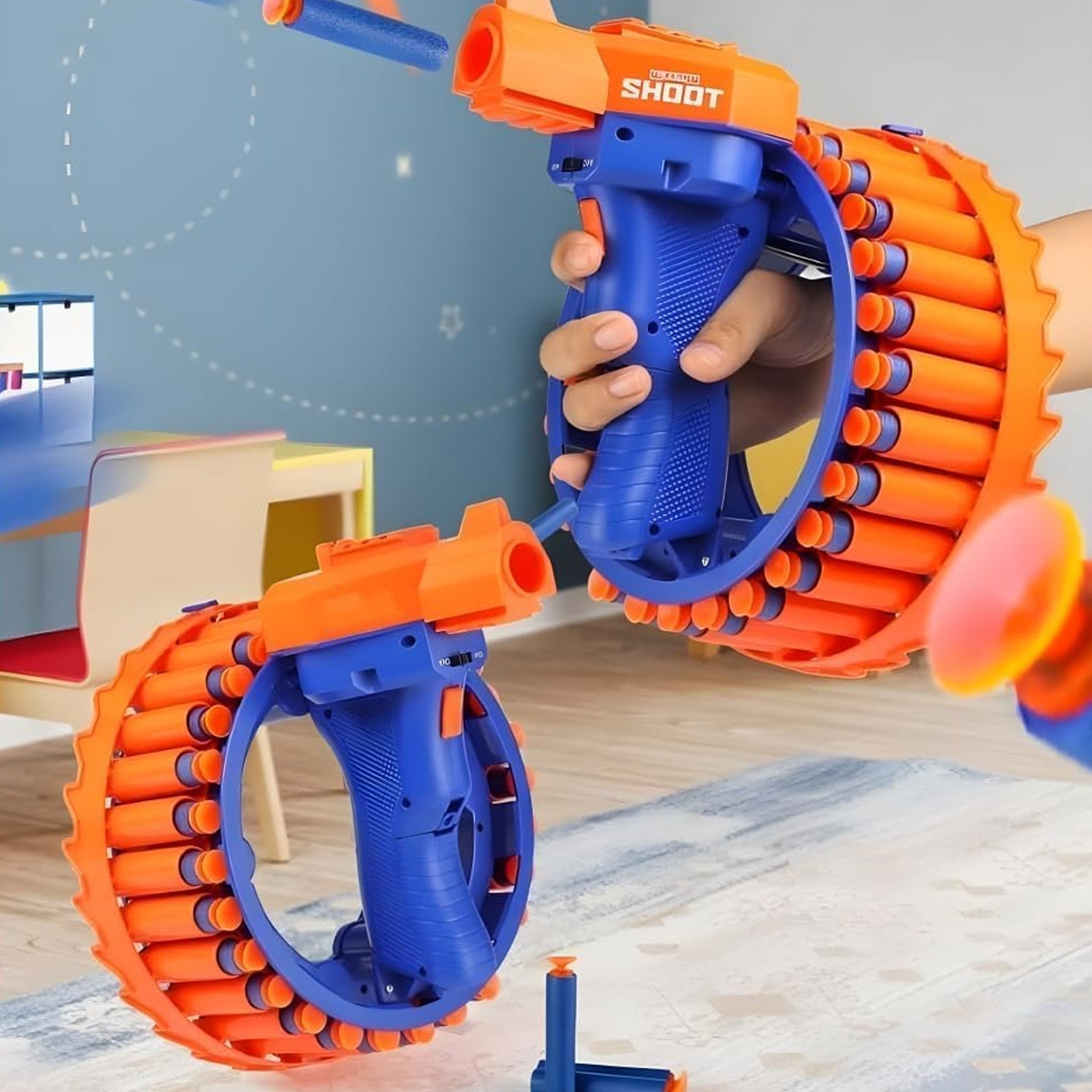 The electric toy gun showcasing its 28-shot rotating magazine mechanism.