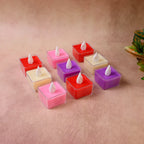 Close-up of multicolor square LED tealight candle showing flickering flame effect