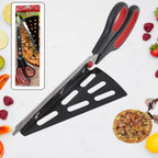 Stainless steel pizza cutter scissors cleanly slicing a pizza.