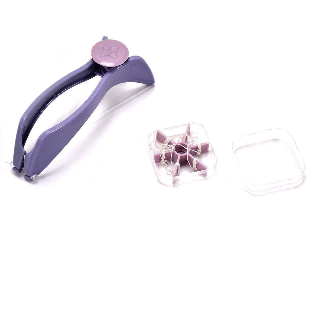 Woman demonstrating the Slique Hair Removal Threading Kit for smooth upper lip.