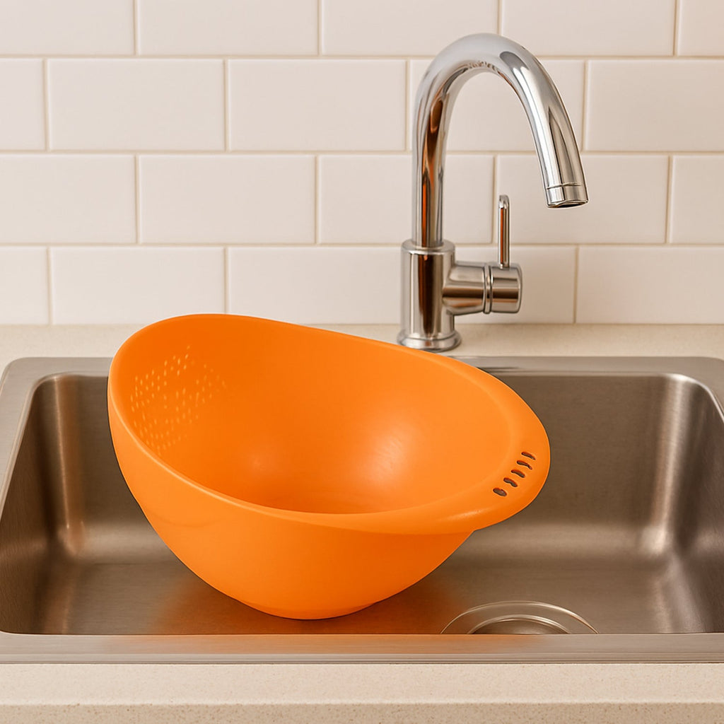 Side view of the ergonomic plastic rice and vegetable washing bowl.