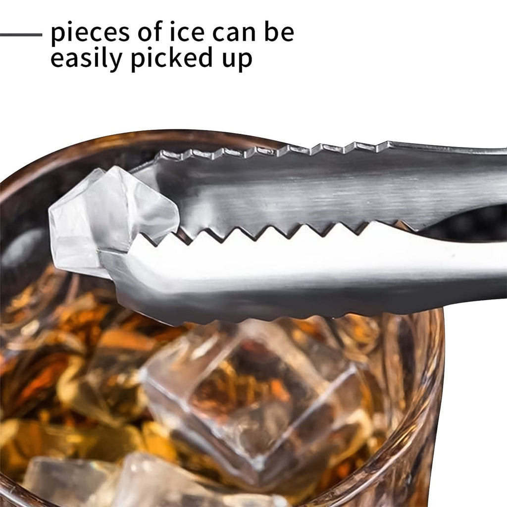 Hand holding a 13cm stainless steel tong over a bowl of ice.