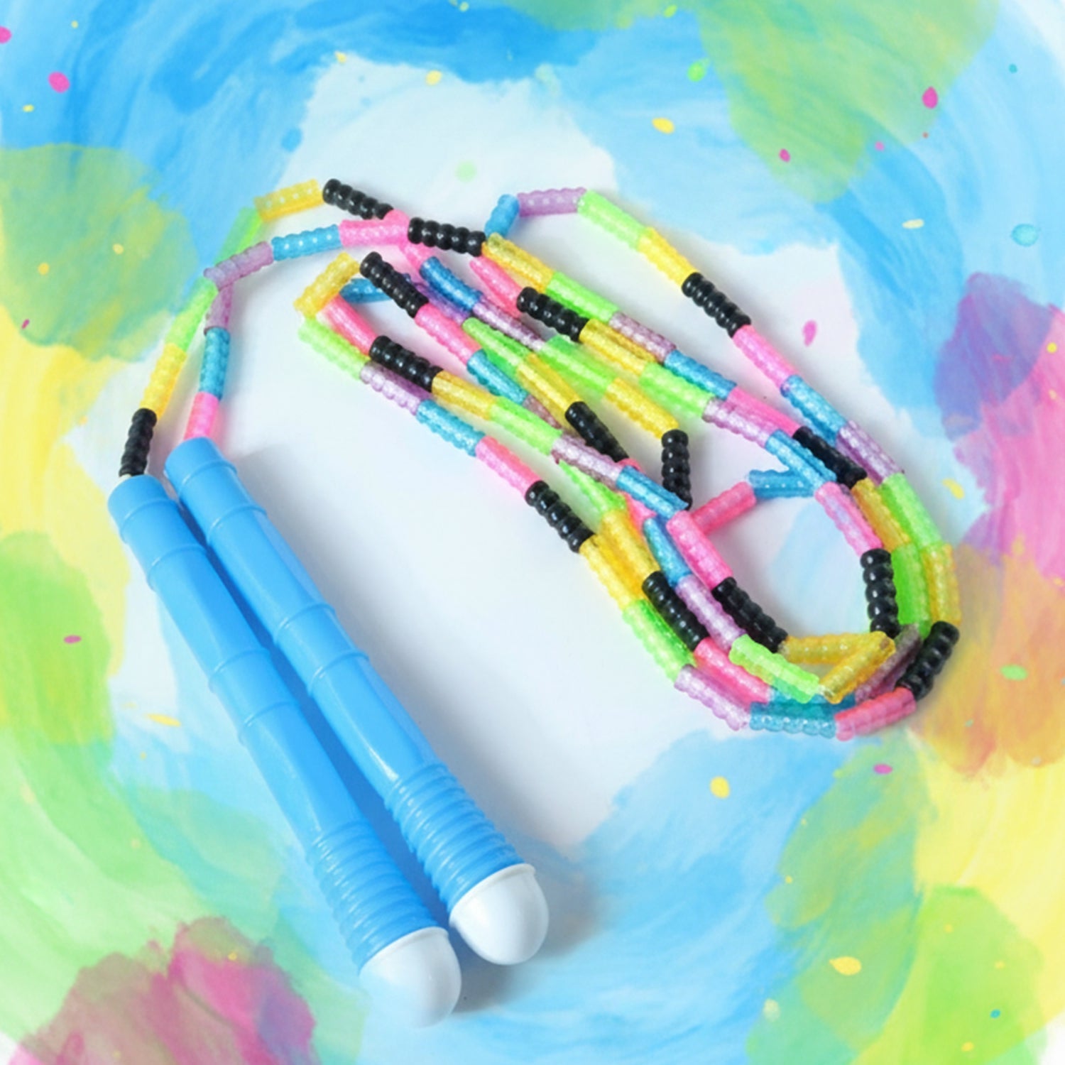 Close-up of grip handles of a colorful beaded skipping rope for kids