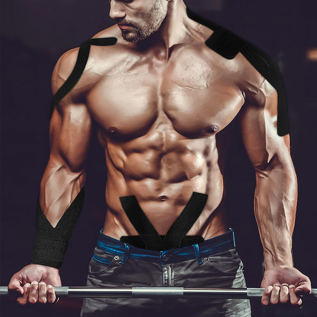 A person expertly applying Kinesiology Tape to an arm muscle for targeted support.