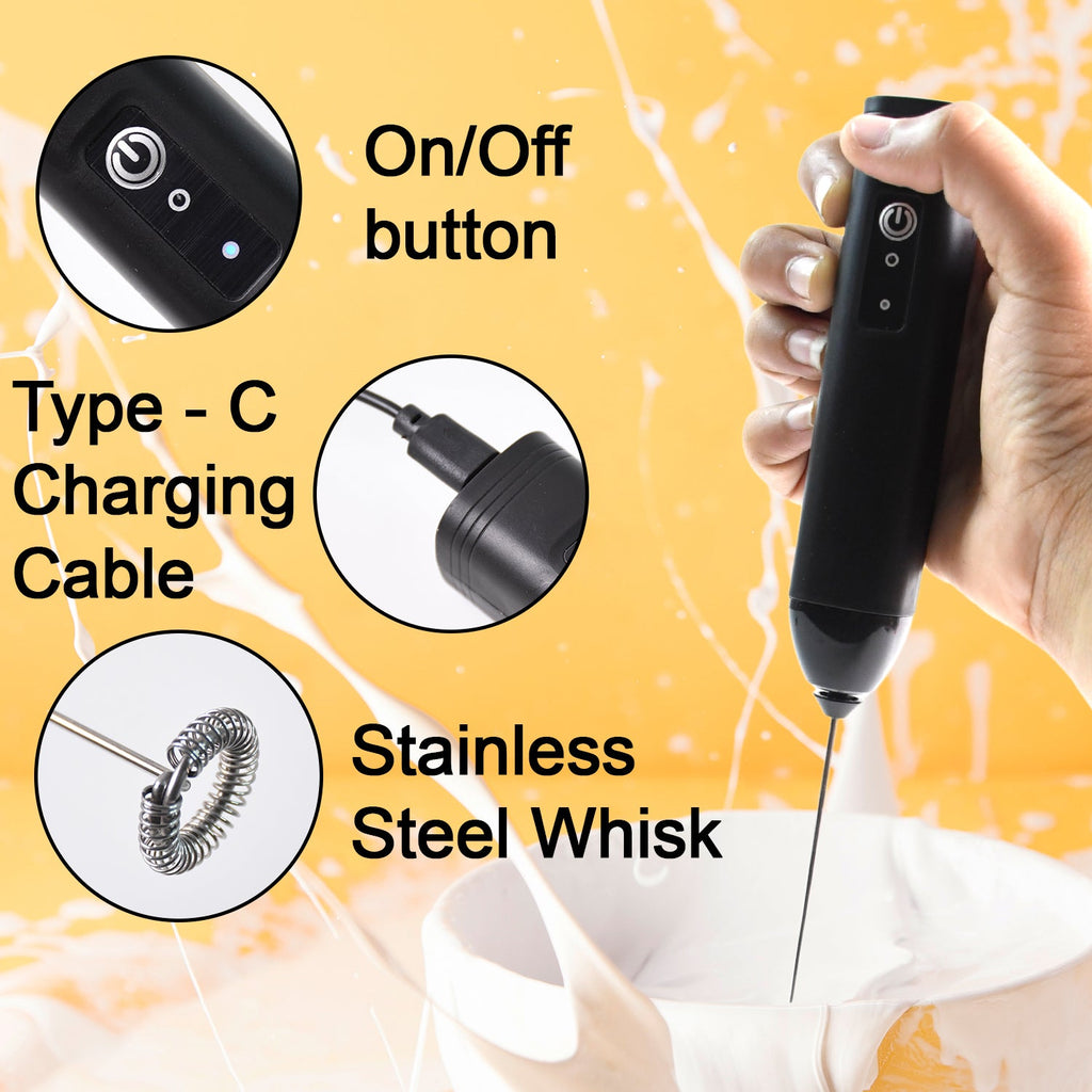 Specifications detail shot of electric handheld milk frother with whisk