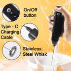 Specifications detail shot of electric handheld milk frother with whisk