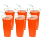 Detail of the 300ml capacity and sturdy base of the plastic juicy glass.