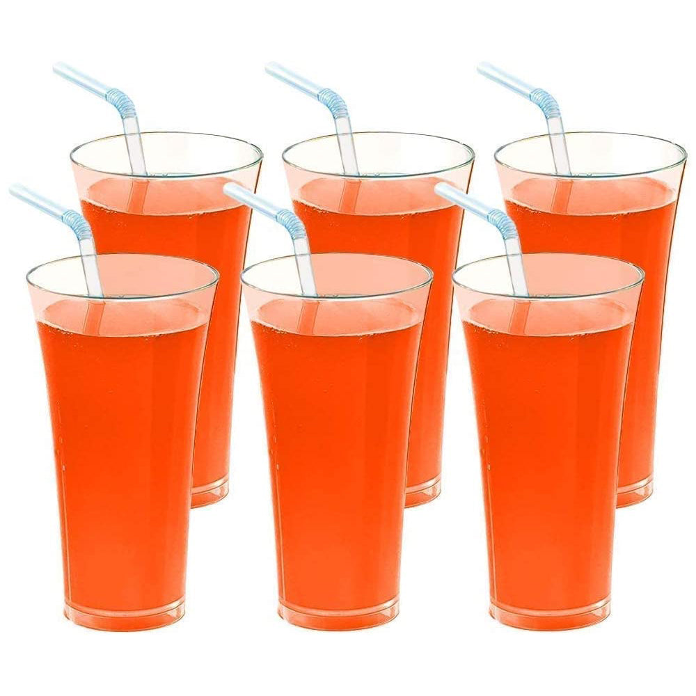 Detail of the 300ml capacity and sturdy base of the plastic juicy glass.