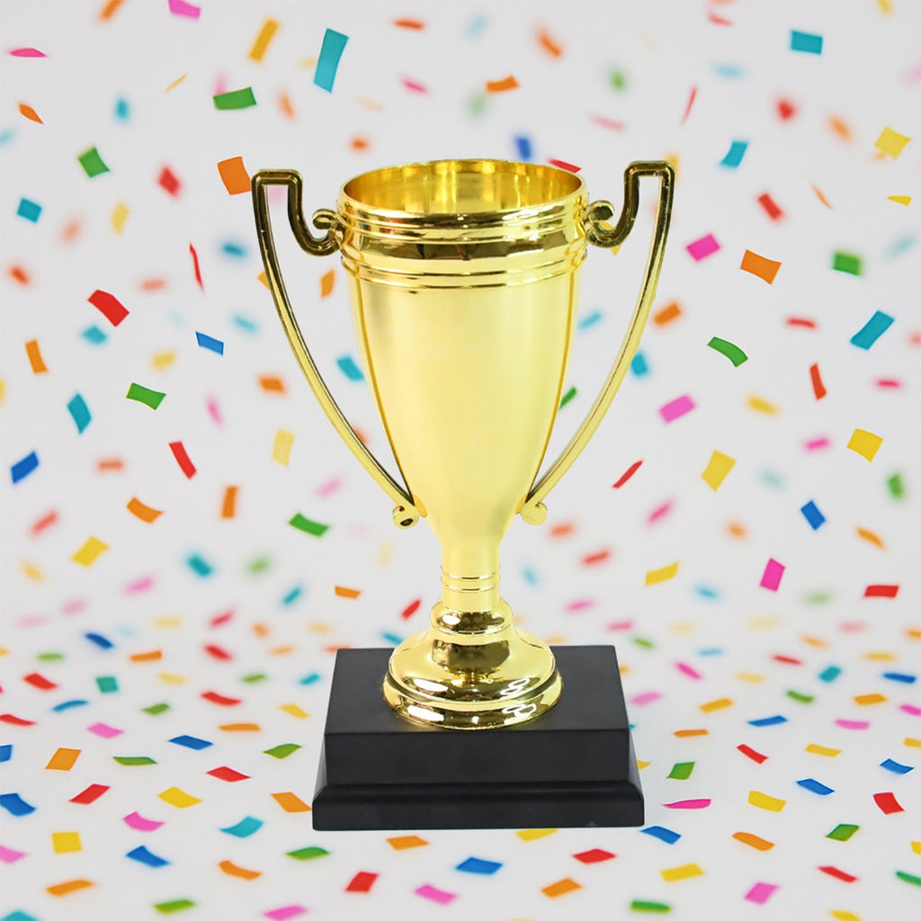 Golden Cheers Birthday Award plastic trophy with printed base label