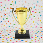 Golden Cheers Birthday Award plastic trophy with printed base label