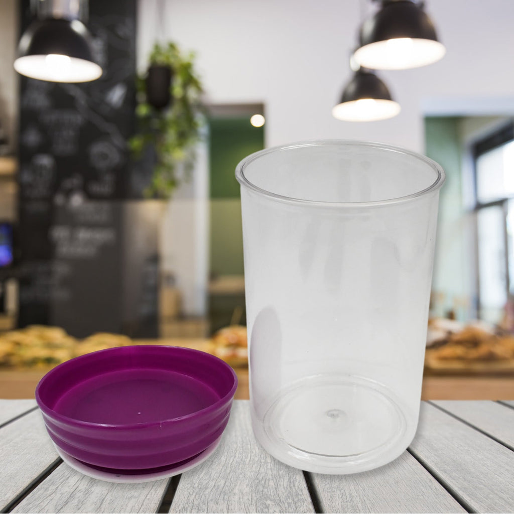 Three plastic food containers of varying sizes, stacked neatly for efficient pantry organization.