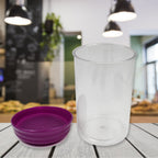 Three plastic food containers of varying sizes, stacked neatly for efficient pantry organization.