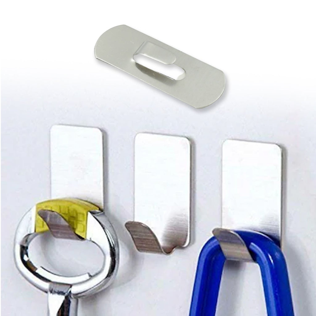 Self-adhesive stainless steel wall hooks in an 18-piece set for home use.