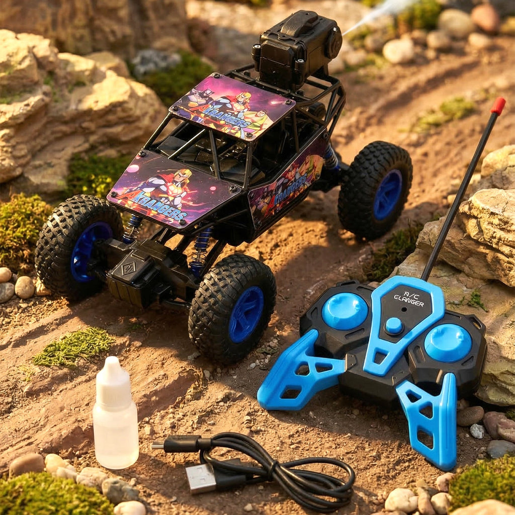 Remote control off-road toy car navigating rocky terrain