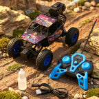 Remote control off-road toy car navigating rocky terrain