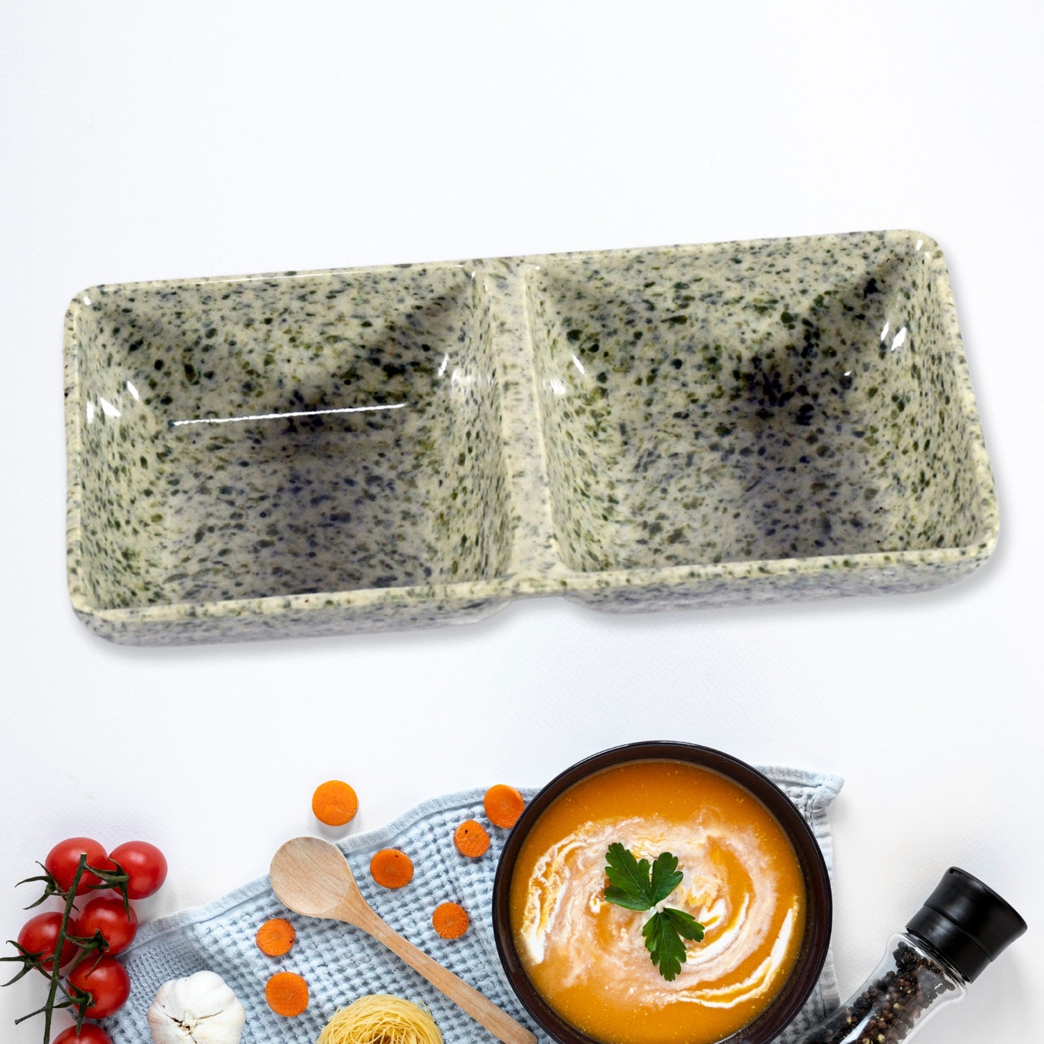 A side angle of the Ceramic Snack & Tea Set, showing the charming details and practical layout of the cups and serving pieces.