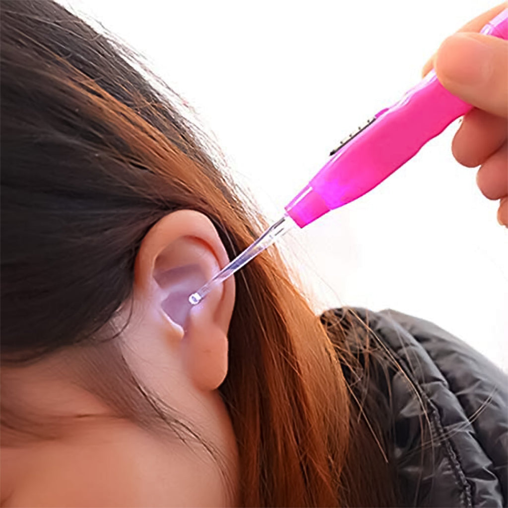 Pink LED flashlight ear pick and tweezer accessory for ear wax removal