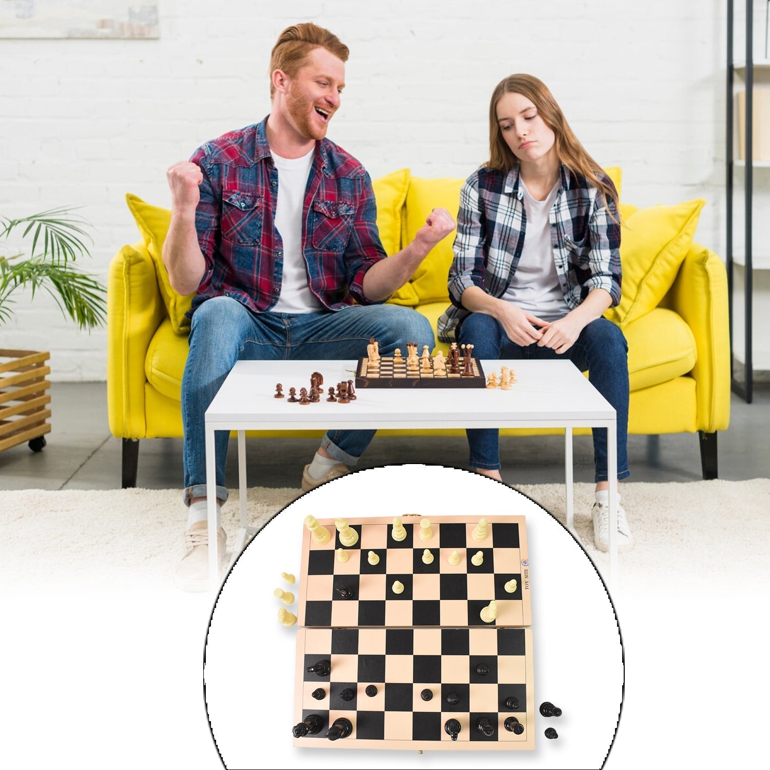 The folding wooden chess board fully opened and ready for a game.