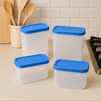 Set of four plastic airtight storage containers with blue lids for kitchen use