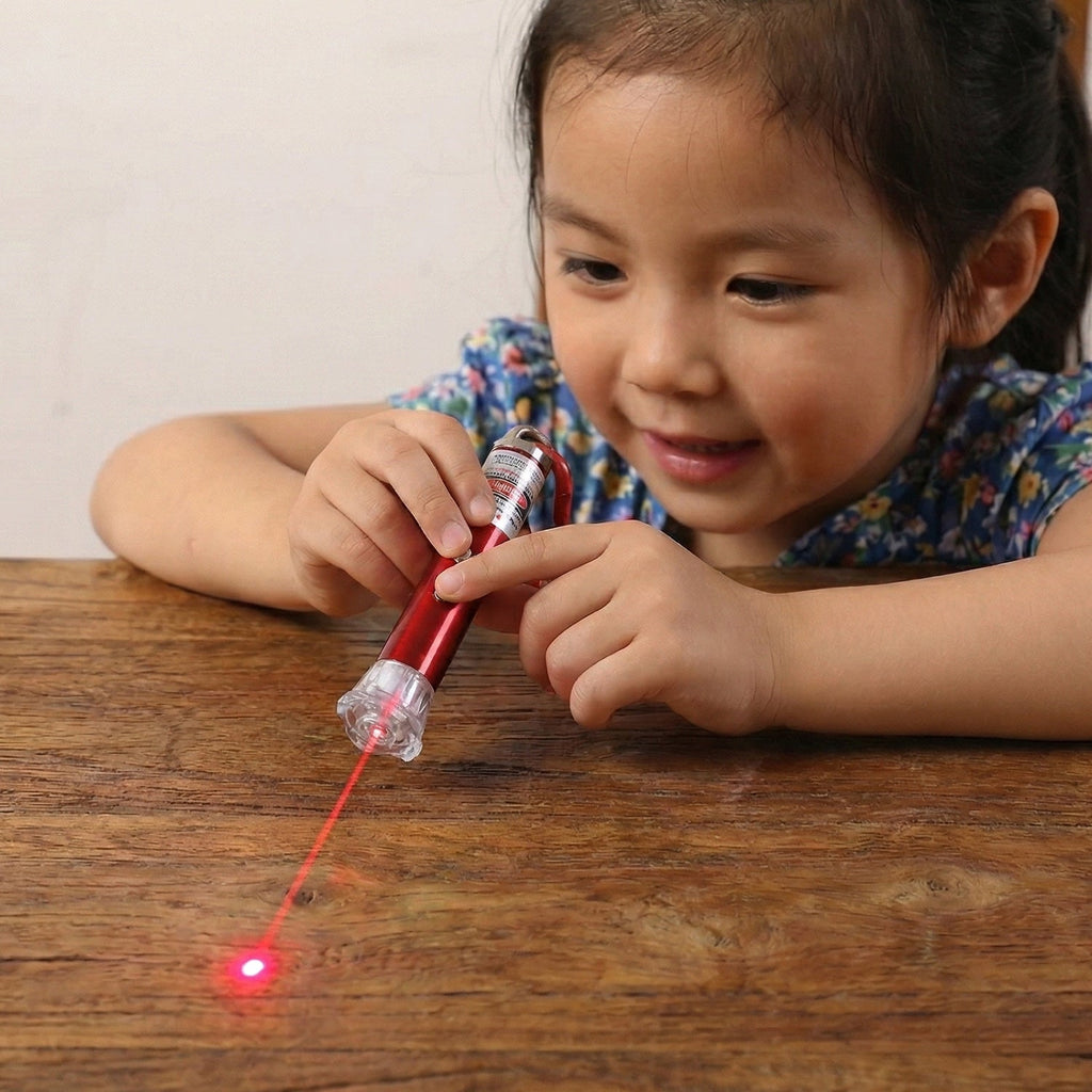 Portable 4-in-1 laser pointer device with a sturdy keychain hook for easy carry.