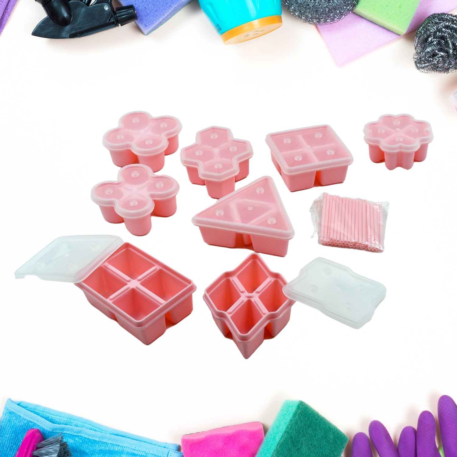 Vibrant, colorful shaped ice cubes made from the multi-design silicone ice mold set.