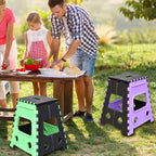 Brown 18-inch folding stool shown in its flat, collapsed state for easy storage.