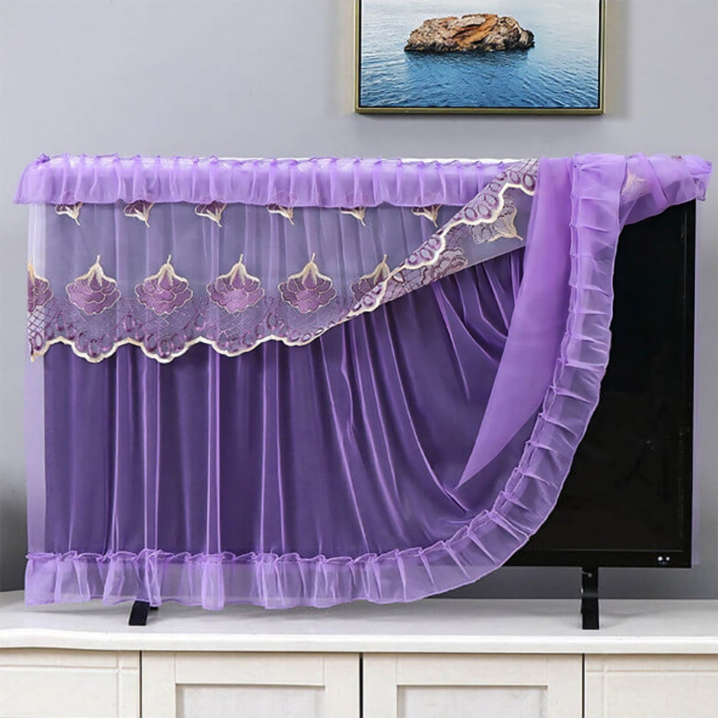 Breathable net fabric dustproof TV cover fitted on a 32-inch television screen.