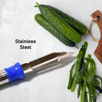 The versatile dual blade fruit peeler displayed with an assortment of freshly peeled vegetables.