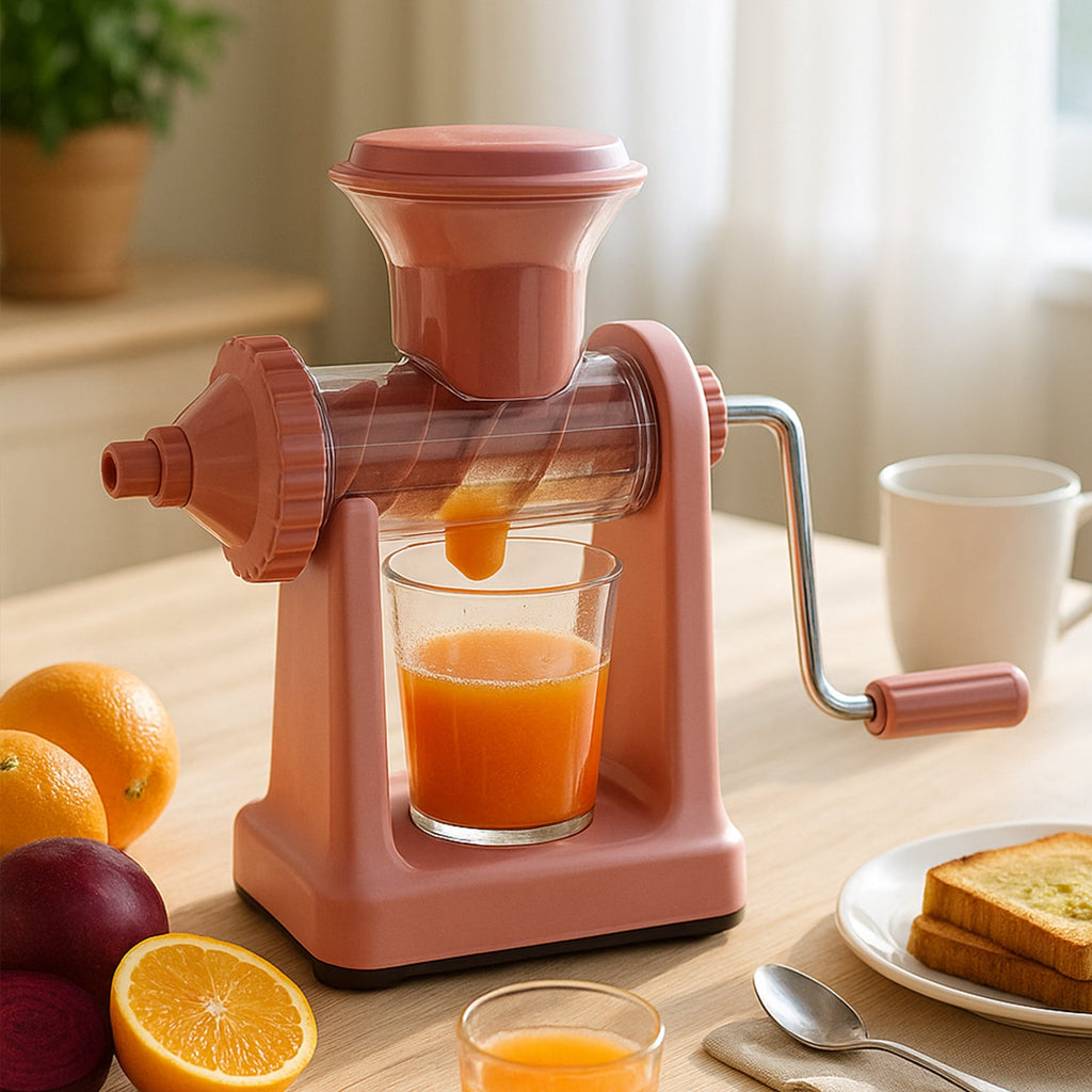 Front view of manual juicer highlighting vacuum lock base