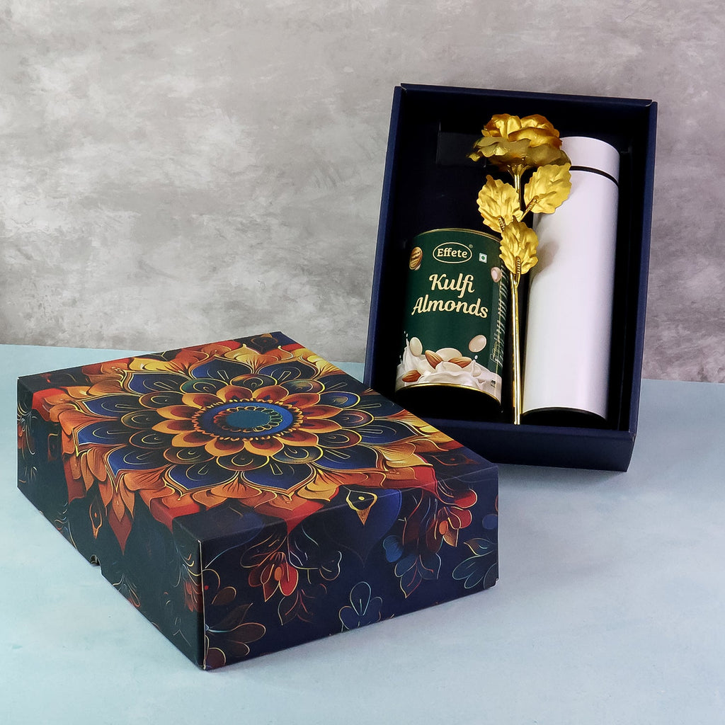 Designer gift box for corporate and festive gifting with kulfi almonds and decorative rose