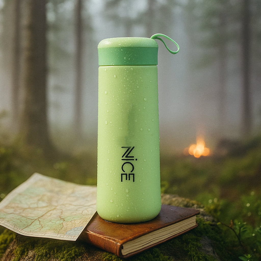 Close-up of green plastic flask with secure screw lid to prevent leaks