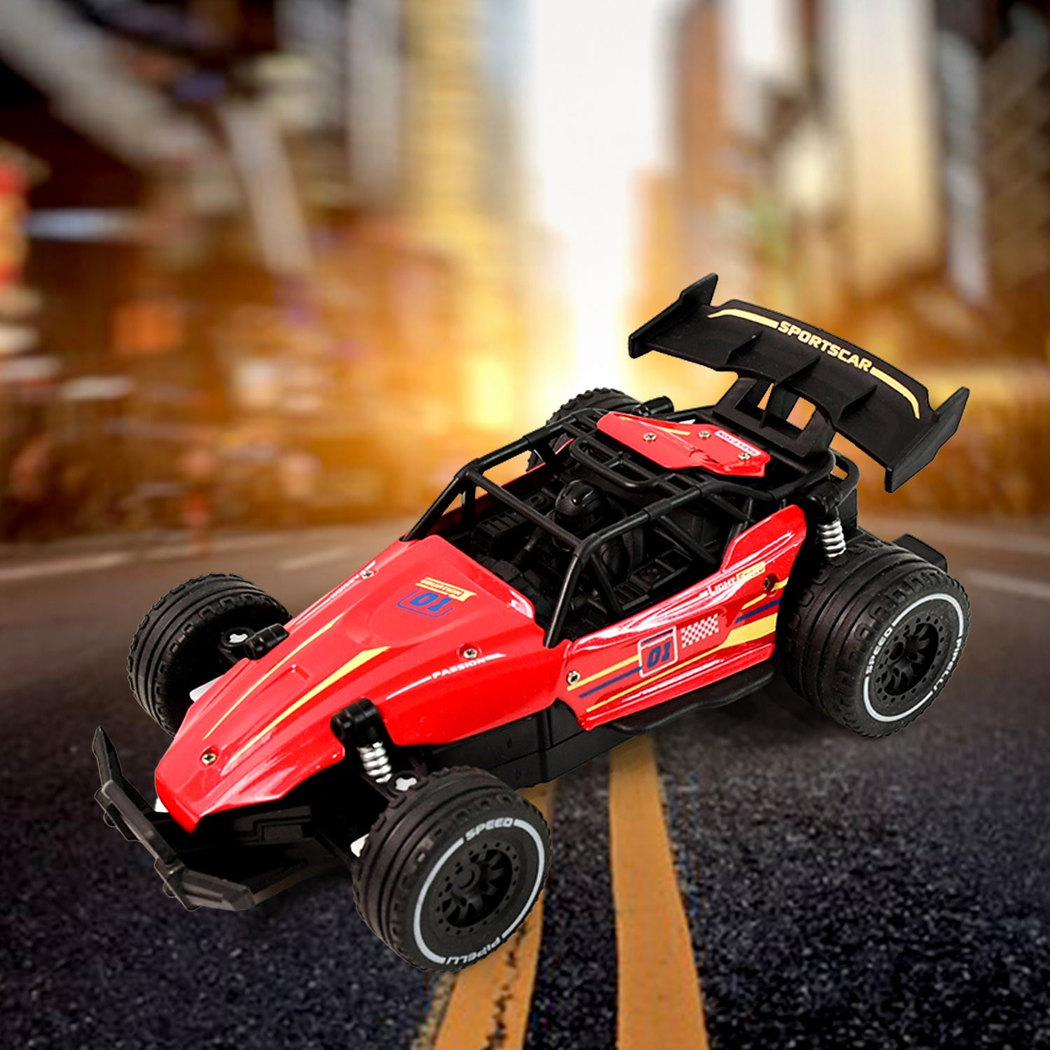 Close-up of Whirl Wind Speed red remote control off-road car toy