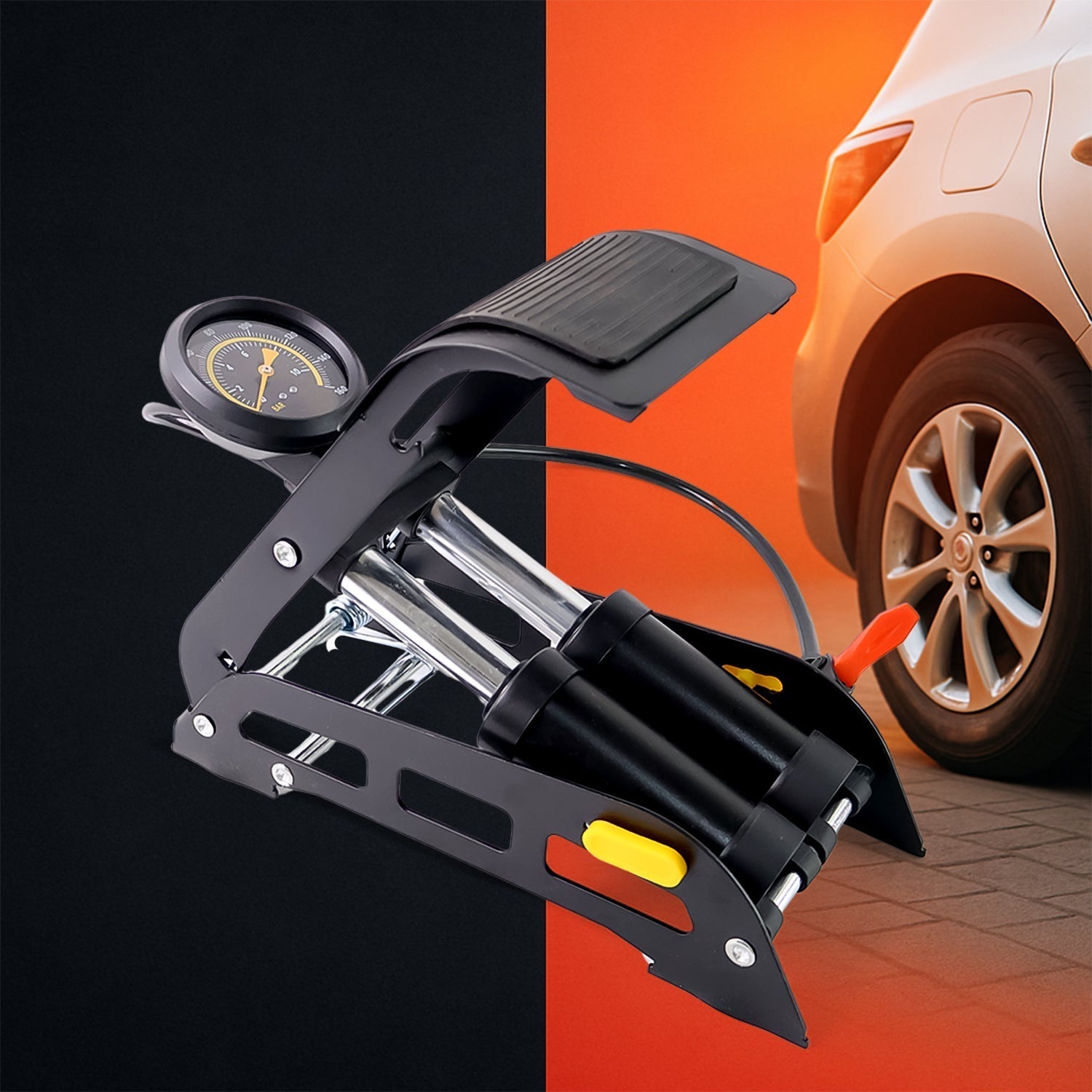 Person effortlessly inflating a car tire using the powerful 150 PSI foot air pump.