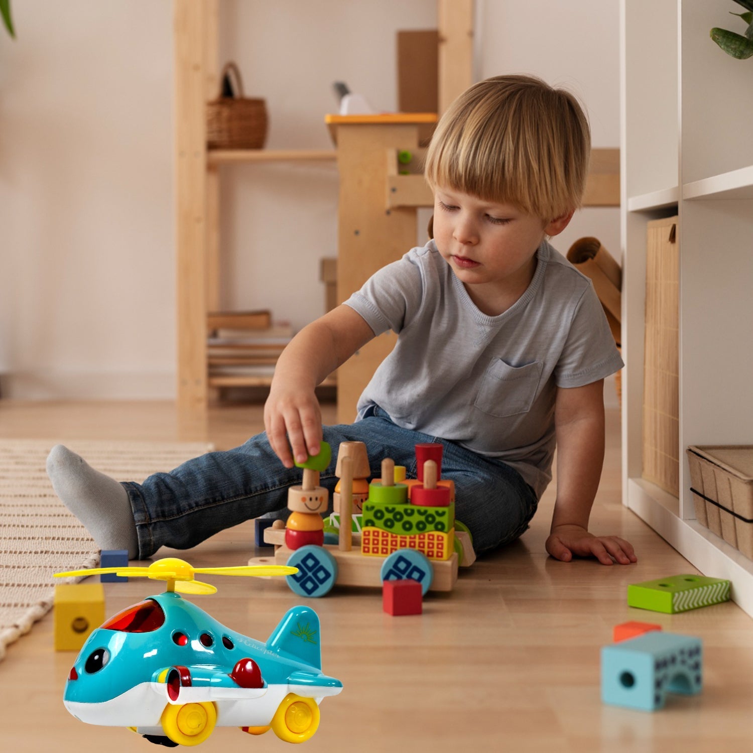 Electronic moving toy helicopter with rotating propellers.