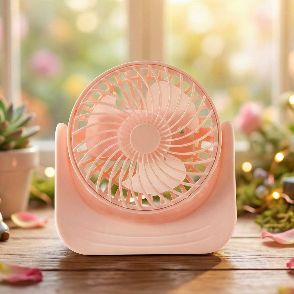 Silent mini desk fan providing cooling in an office environment