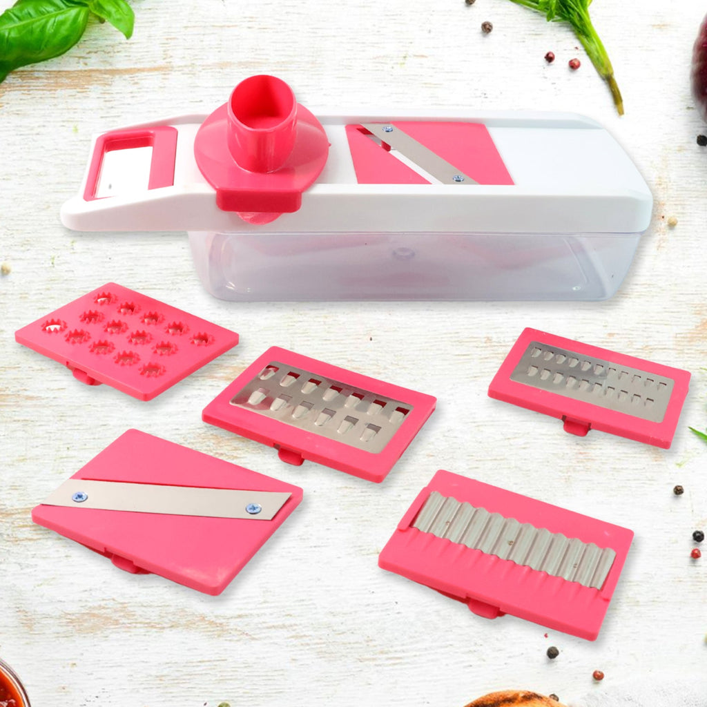Compact storage of the multi-functional vegetable slicer components.
