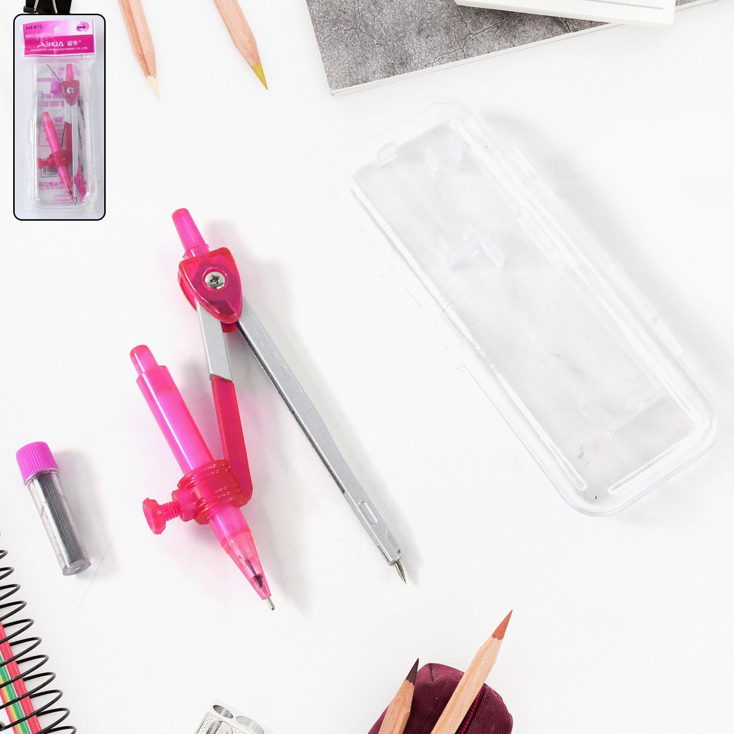 Student Geometry Compass Set with mechanical pencil and plastic case in vibrant pink color