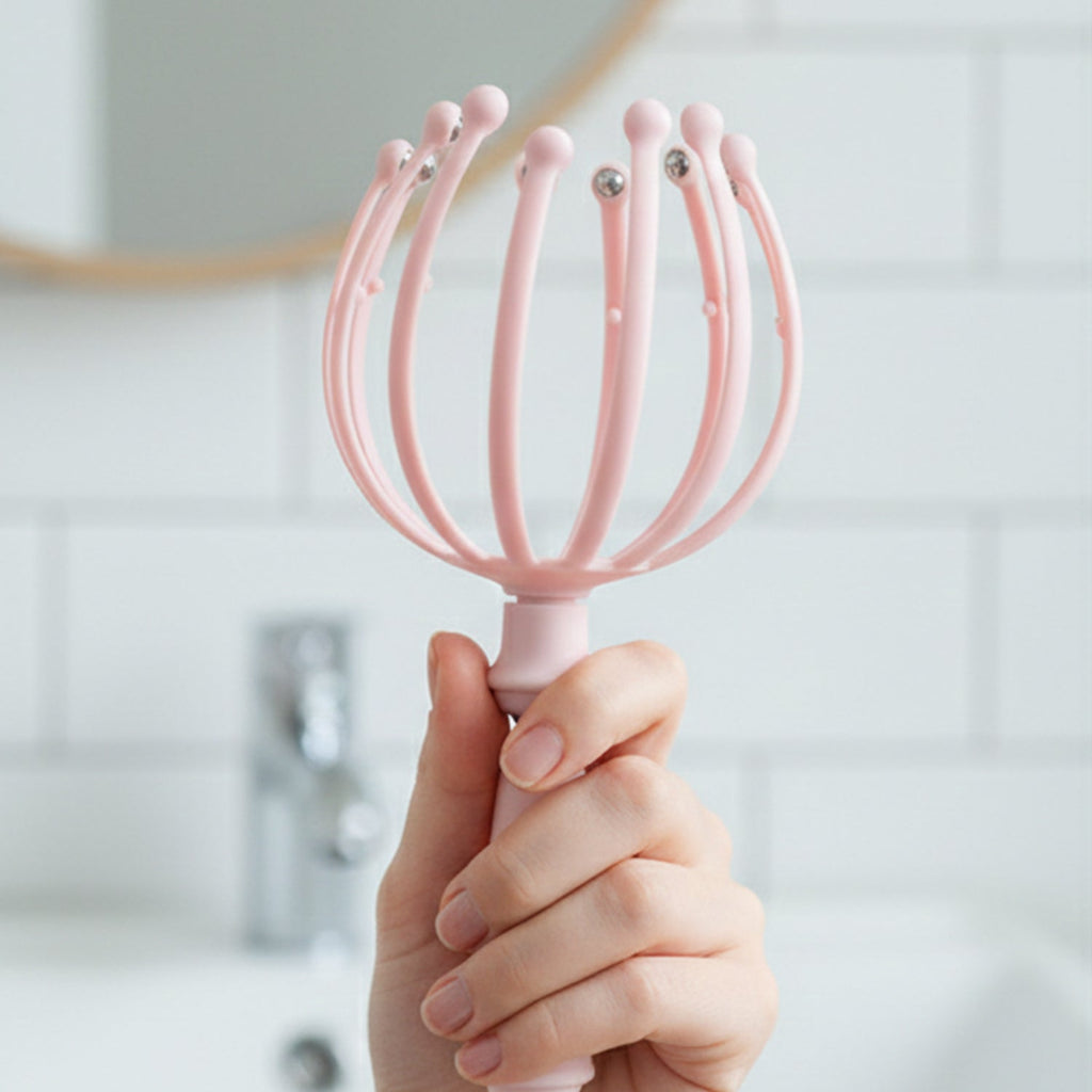 Portable head massager tool, ideal for travel and on-the-go relaxation.