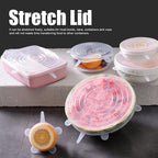 Demonstration of a flexible silicone food cover stretching over a cut fruit for easy preservation.