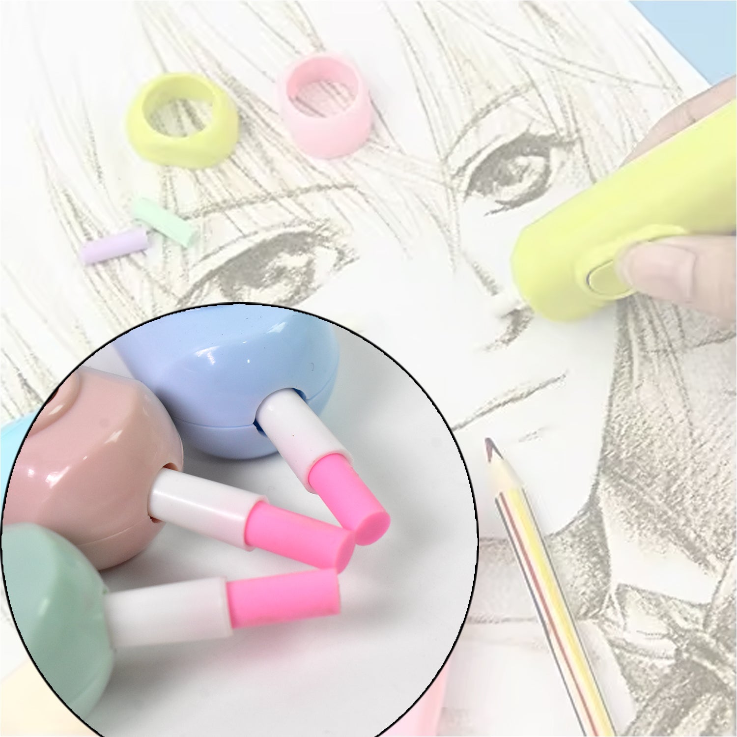 User demonstrating the Electric Eraser Kit for effective and clean corrections on paper.