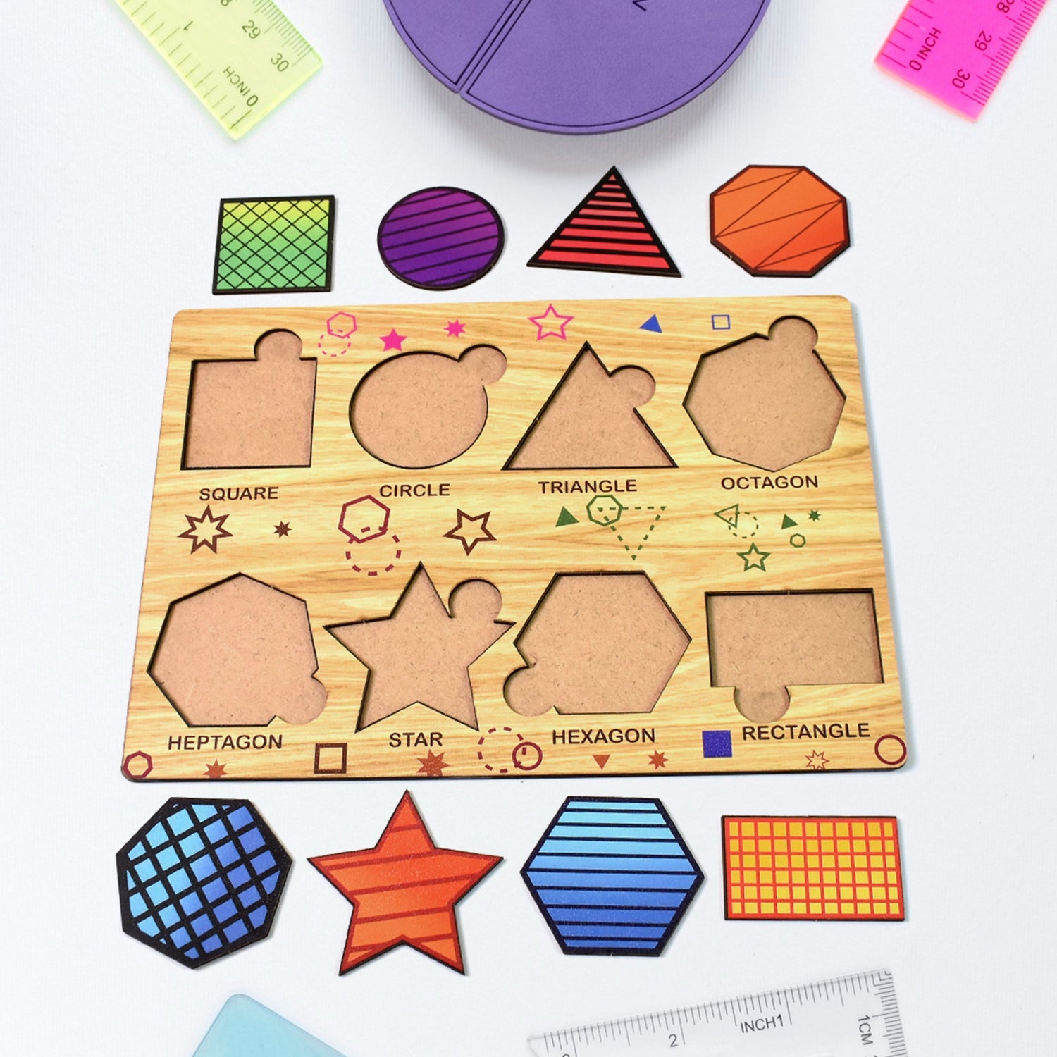 Learning board puzzle pieces made of smooth wood with bright illustrations