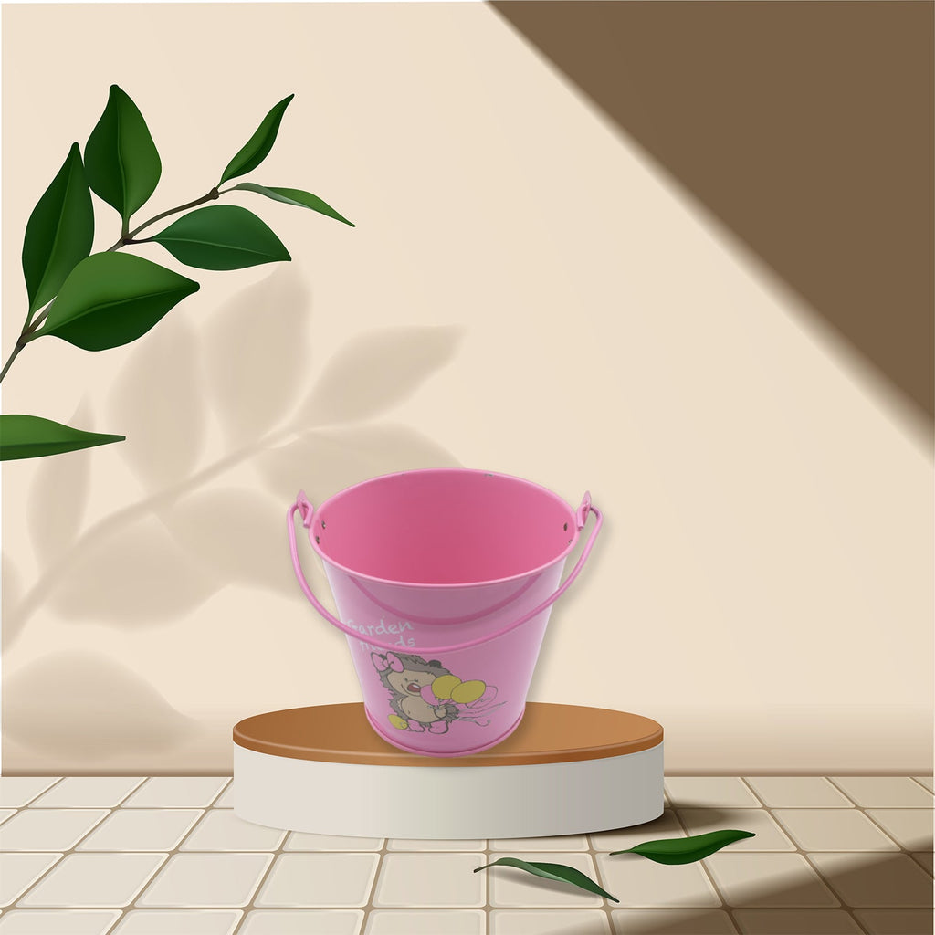 Front view of the 14cm metal planter bucket, perfect for succulents.