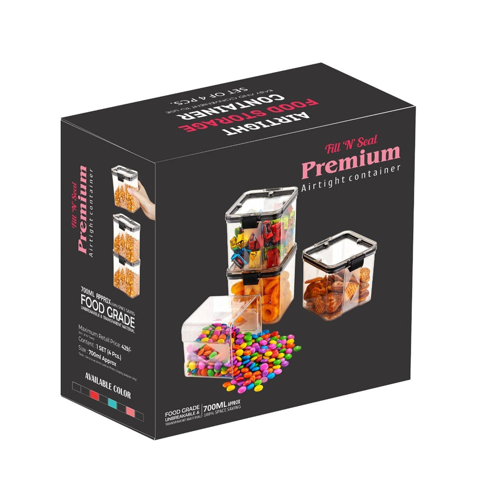 Four 700ml transparent containers, ideal for keeping kitchen staples fresh and visible.
