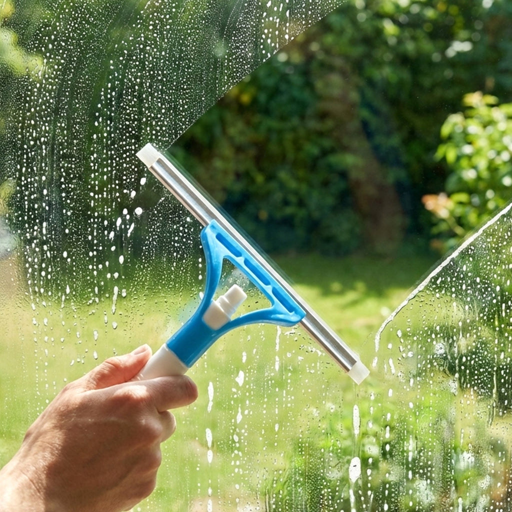 Window squeegee showing ergonomic handle and blade design