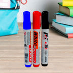 Whiteboard marker pack showing quick-drying ink colors and duster