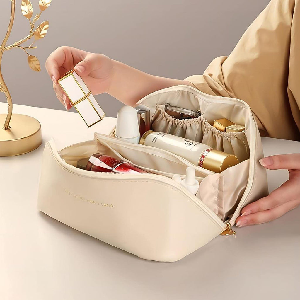 Travel cosmetic storage pouch with zipper and stitched handle for easy carrying