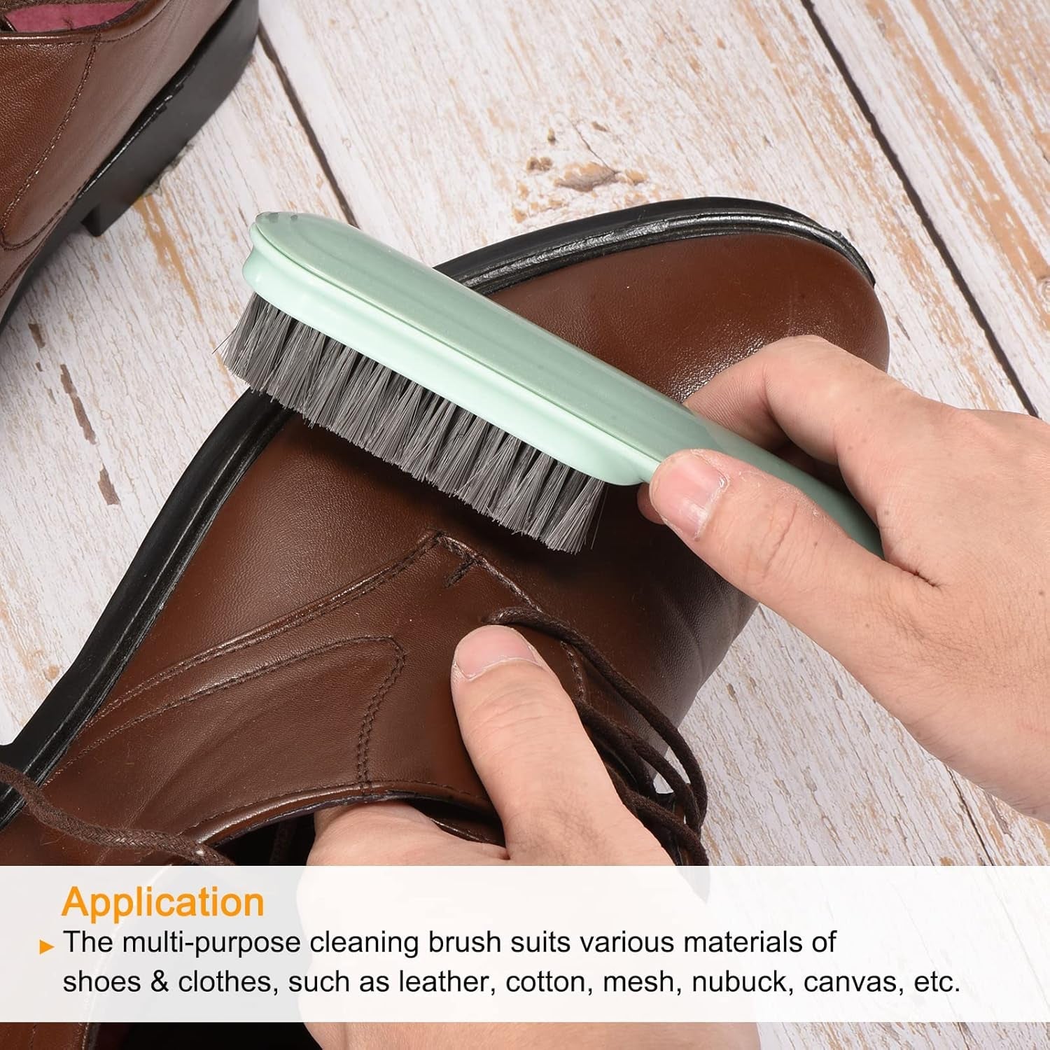 Multi-purpose cleaning brush effectively scrubbing a shoe.