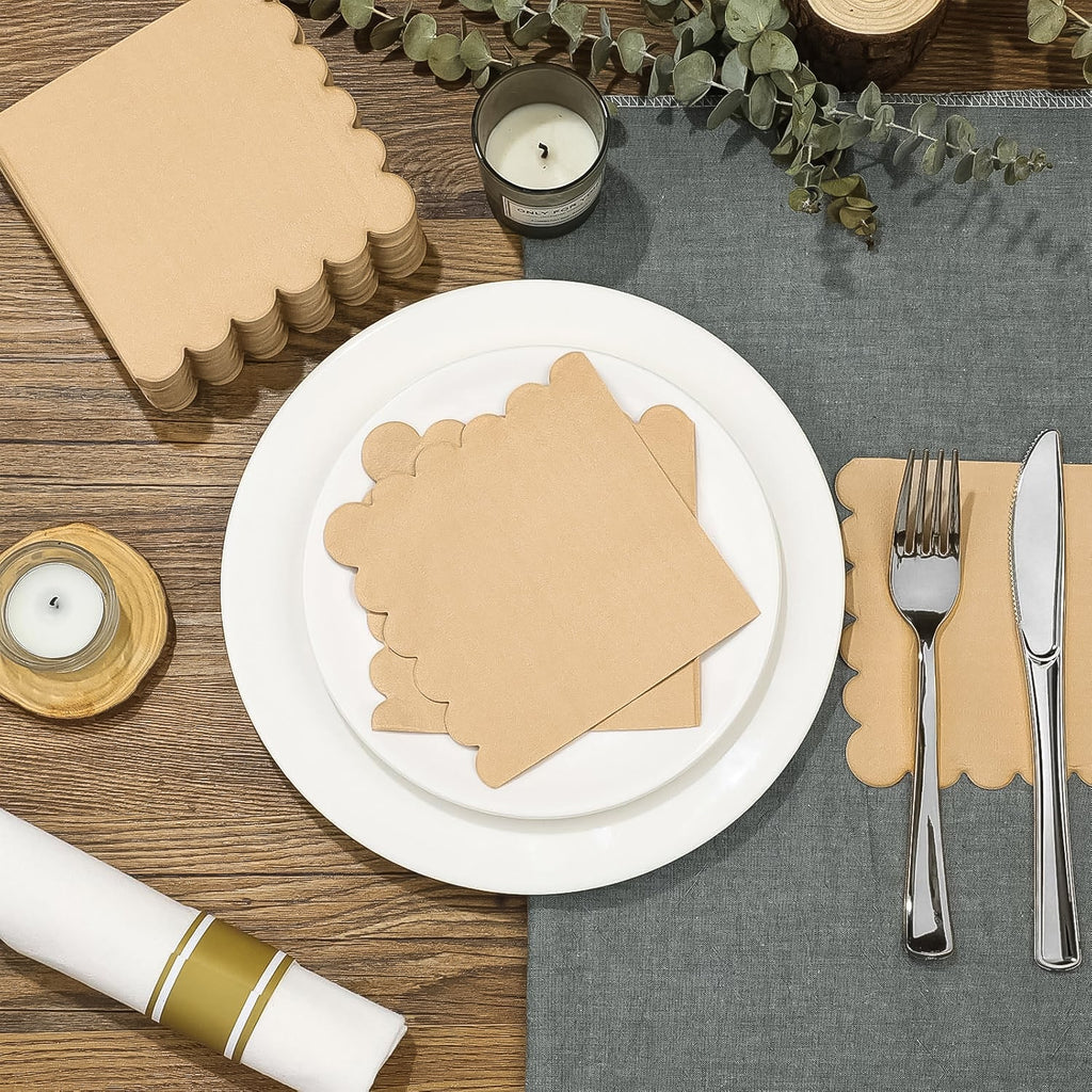120-piece set of scalloped edge tissue napkins showing brown and white dual color design